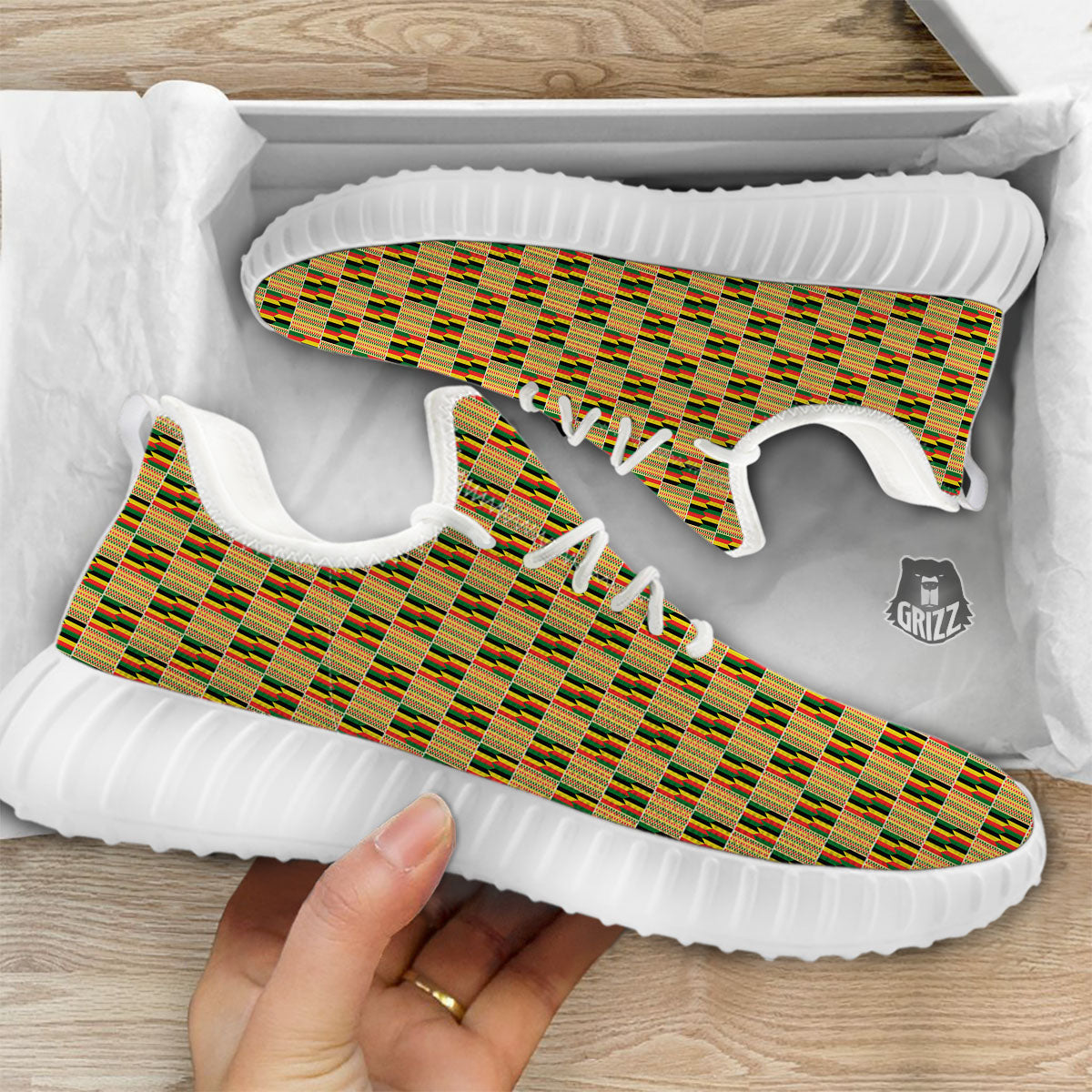 Kente Ethnic Print Pattern White Walking Shoes-grizzshop