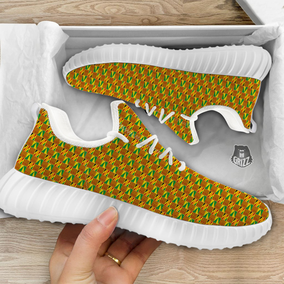 Kente Ghana Print Pattern White Walking Shoes-grizzshop