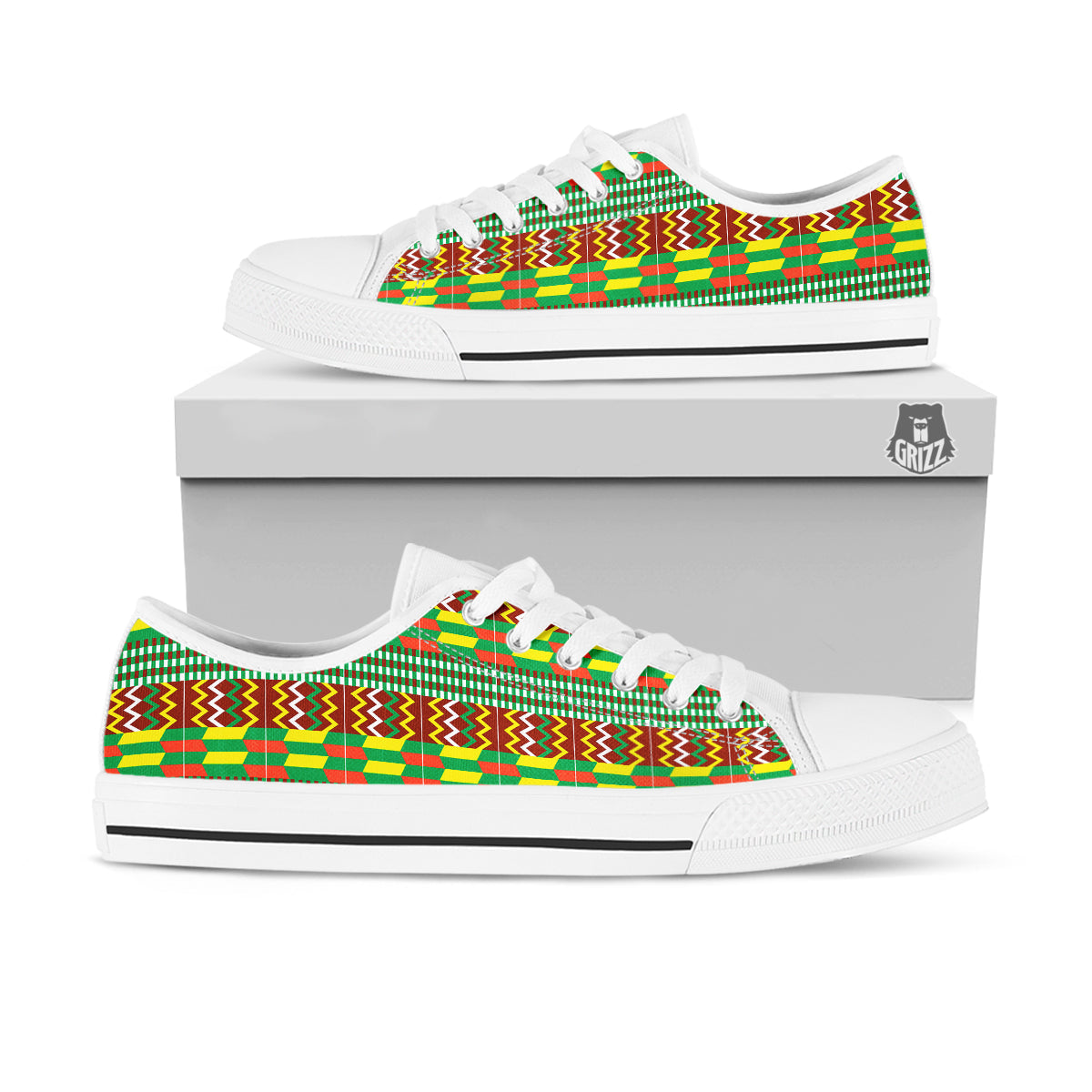 Kente Tribal West African Print Pattern White Low Top Shoes-grizzshop