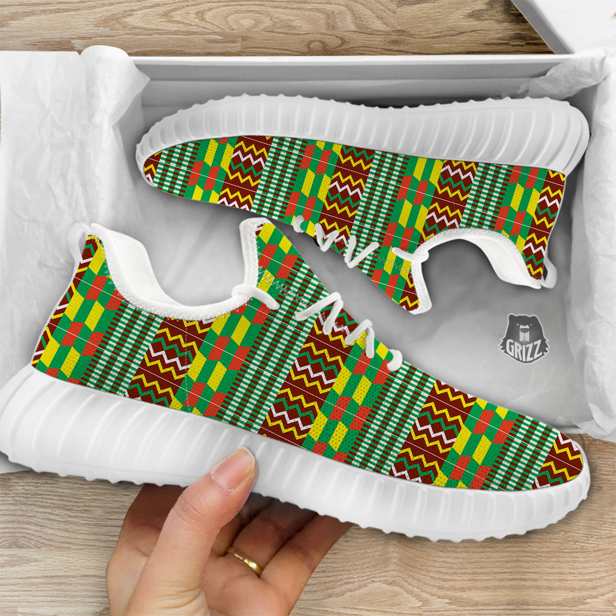 Kente Tribal West African Print Pattern White Walking Shoes-grizzshop