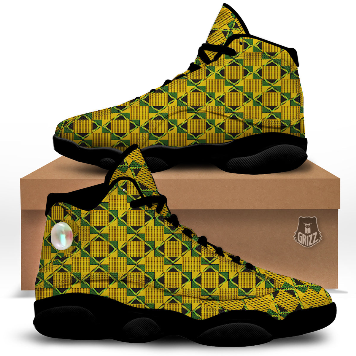 Kente Yellow Print Pattern Black Basketball Shoes-grizzshop