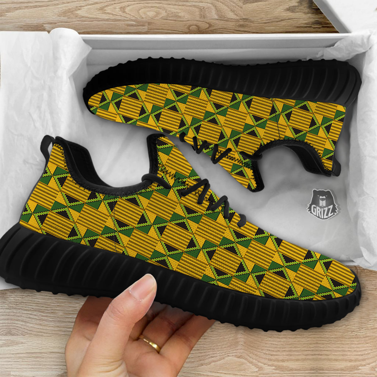 Kente Yellow Print Pattern Black Walking Shoes-grizzshop