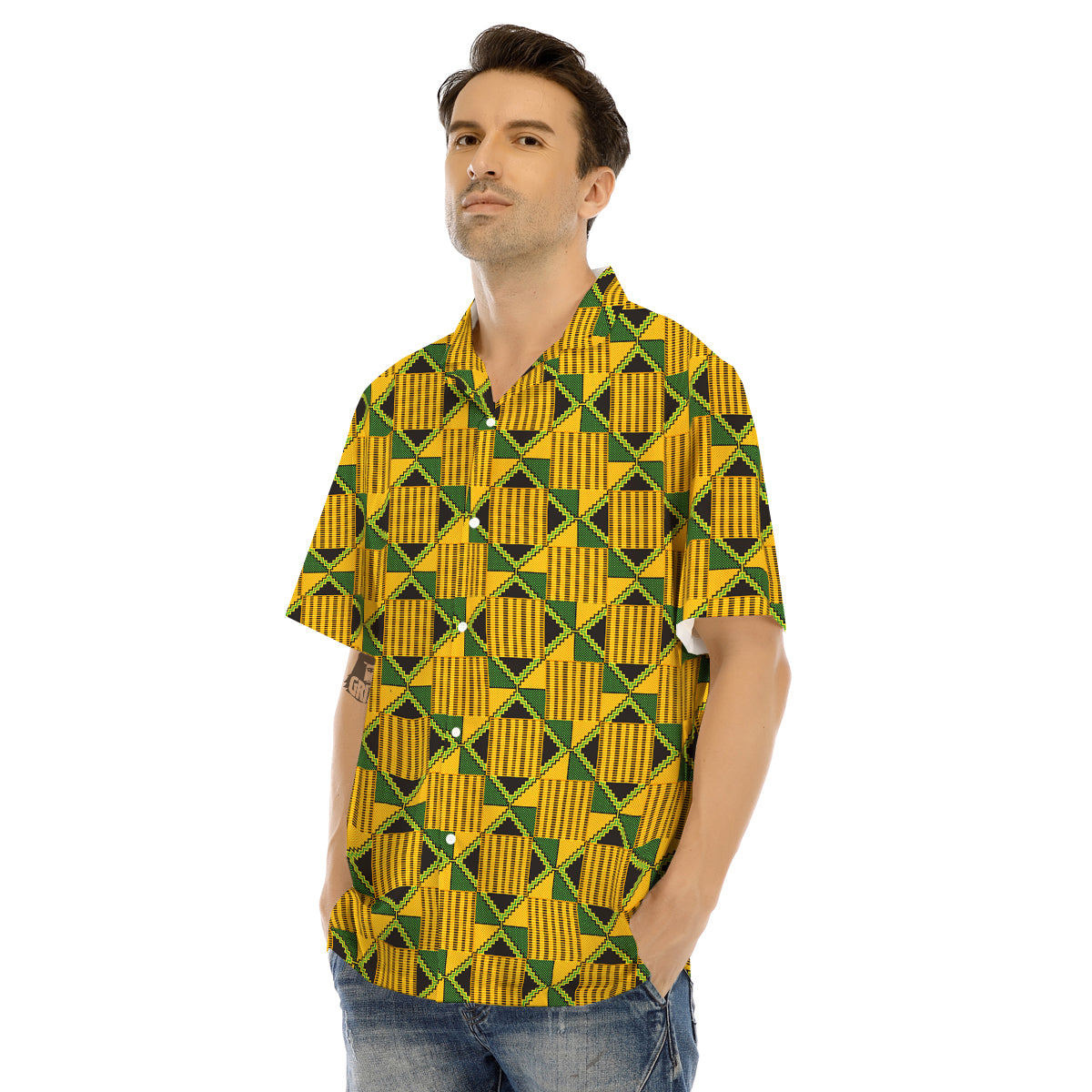 Kente Yellow Print Pattern Men's Hawaiian Shirt-grizzshop