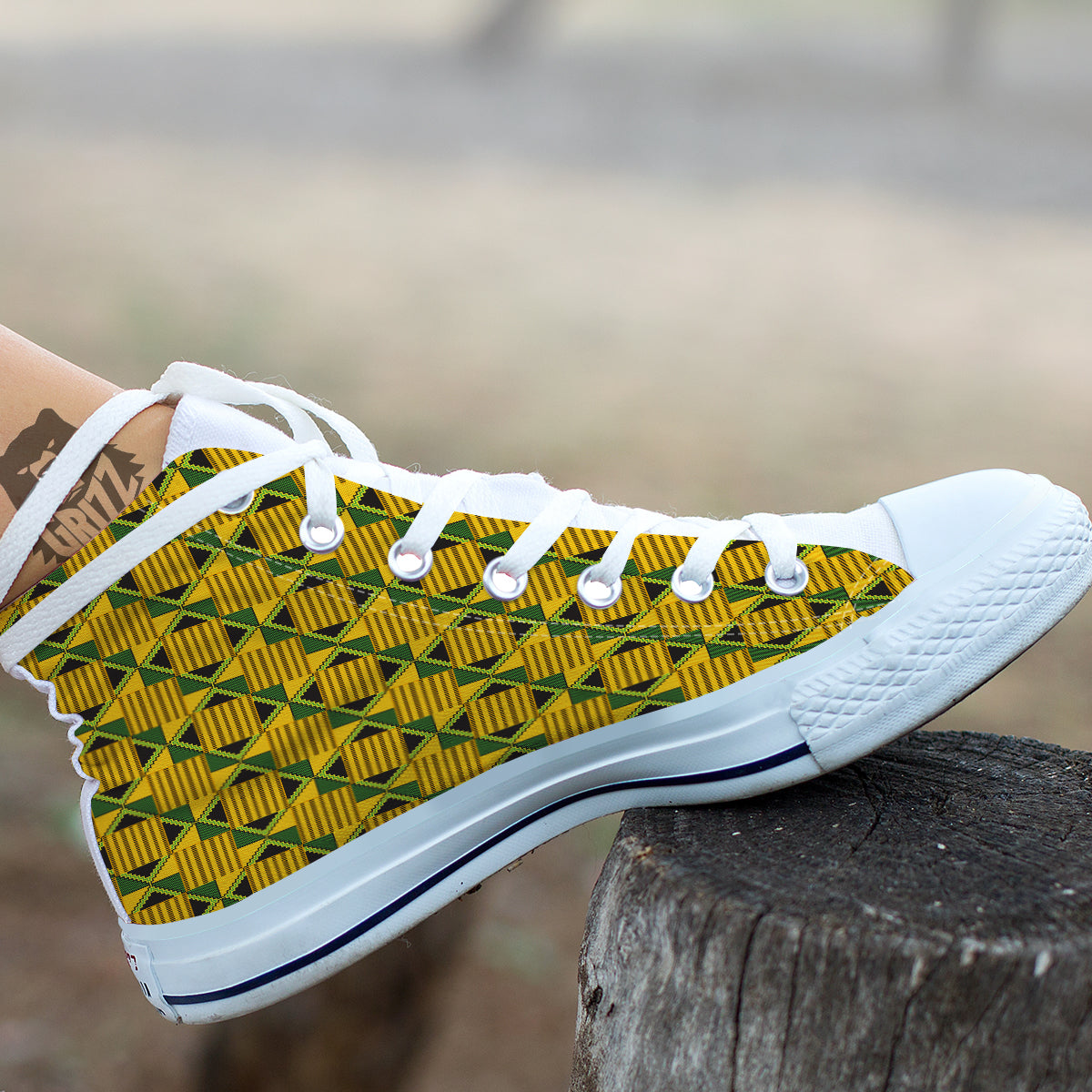 Kente Yellow Print Pattern White High Top Shoes-grizzshop