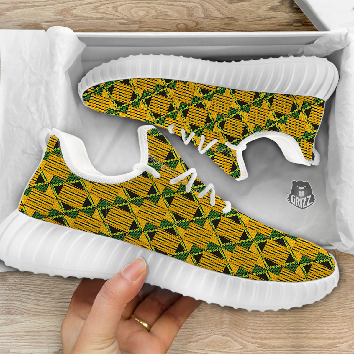 Kente Yellow Print Pattern White Walking Shoes-grizzshop
