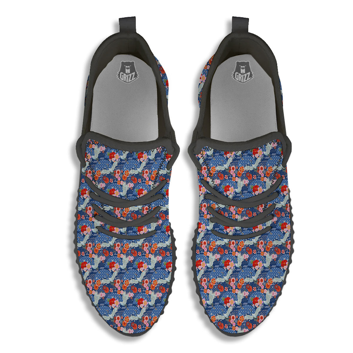 Kimono Bird Crane Print Pattern Black Walking Shoes-grizzshop