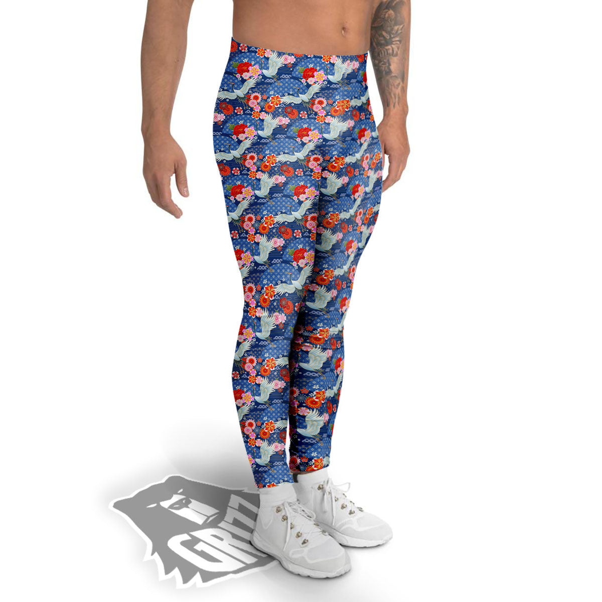Kimono Bird Crane Print Pattern Men's Leggings-grizzshop