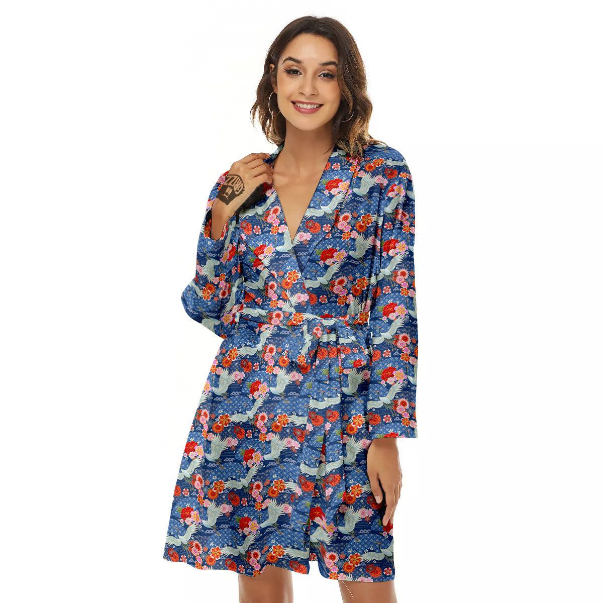 Kimono Bird Crane Print Pattern Women's Robe-grizzshop