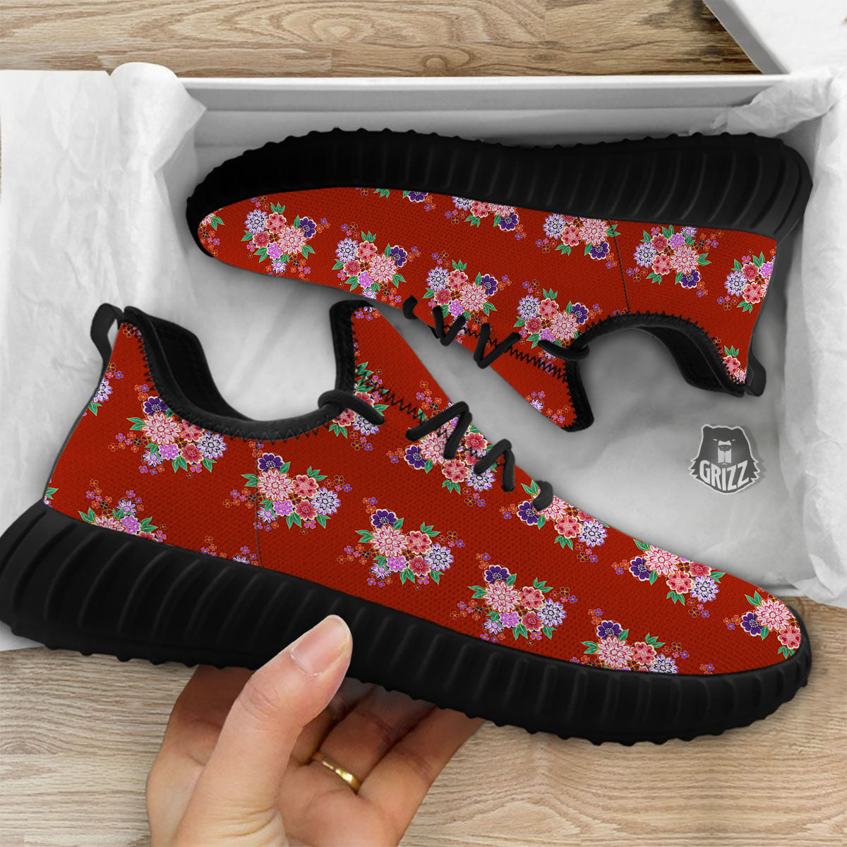 Kimono Floral Print Pattern Black Walking Shoes-grizzshop