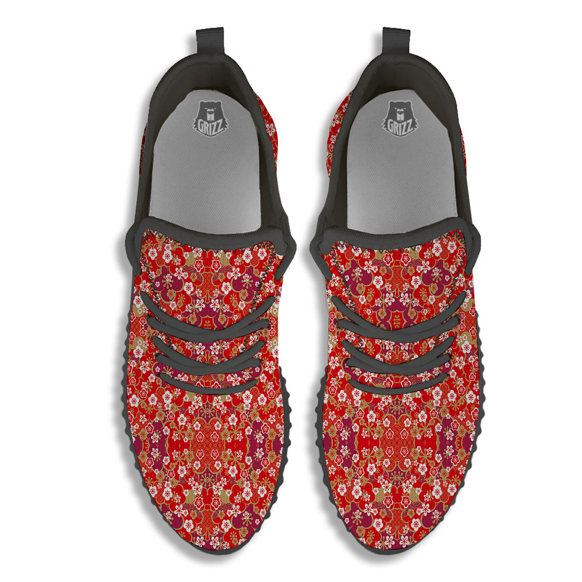 Kimono Flower Print Pattern Black Walking Shoes-grizzshop