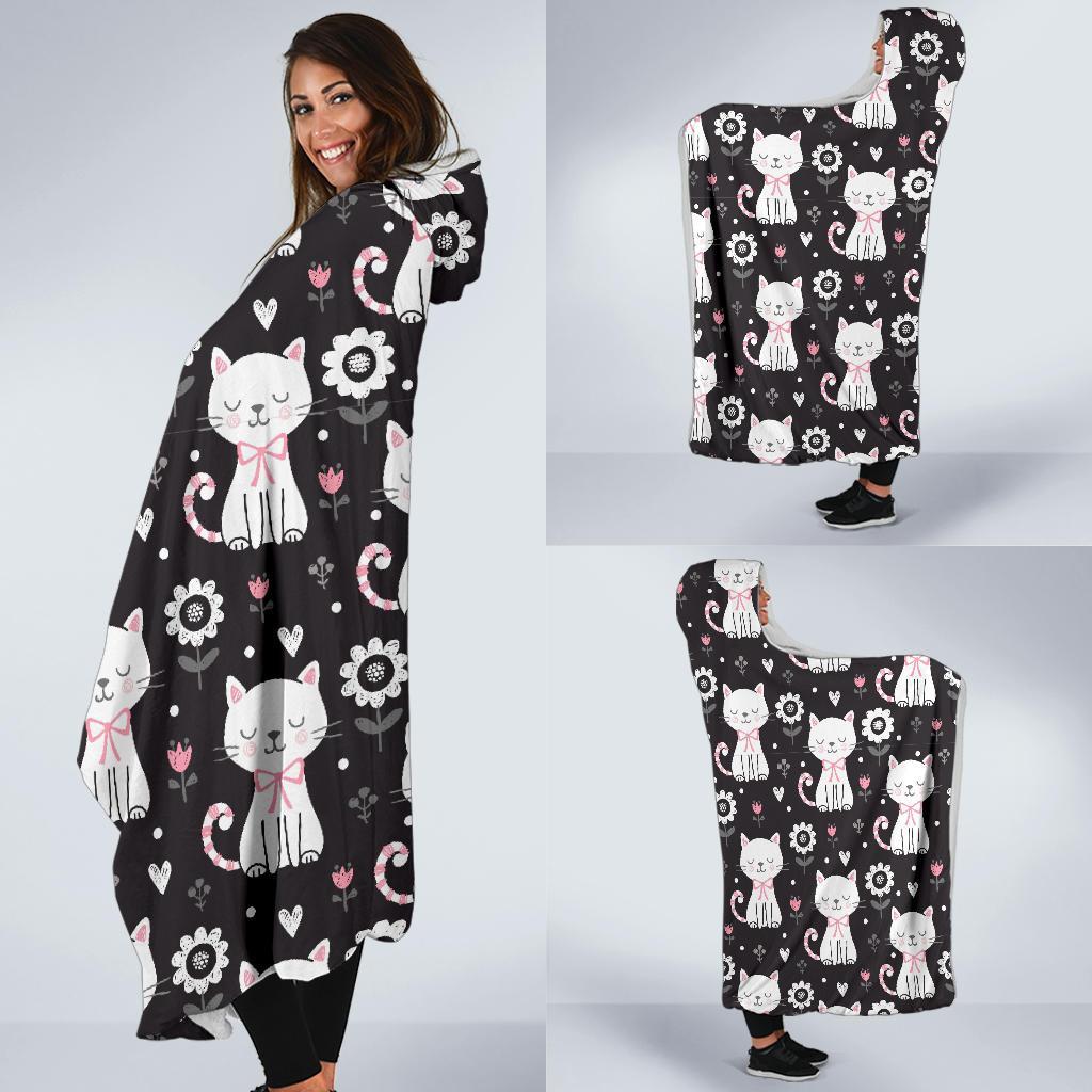 Kitten Floral Cat Pattern Print Hooded Blanket-grizzshop