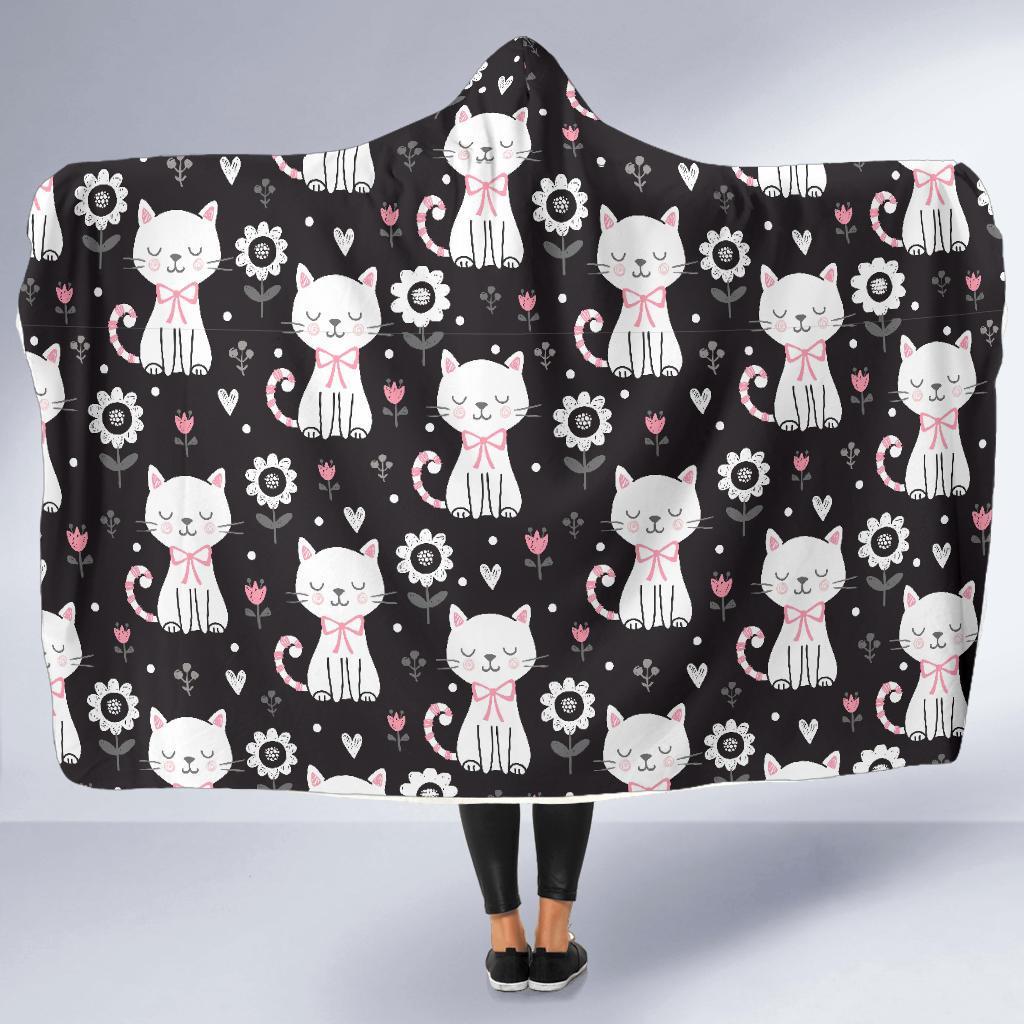 Kitten Floral Cat Pattern Print Hooded Blanket-grizzshop