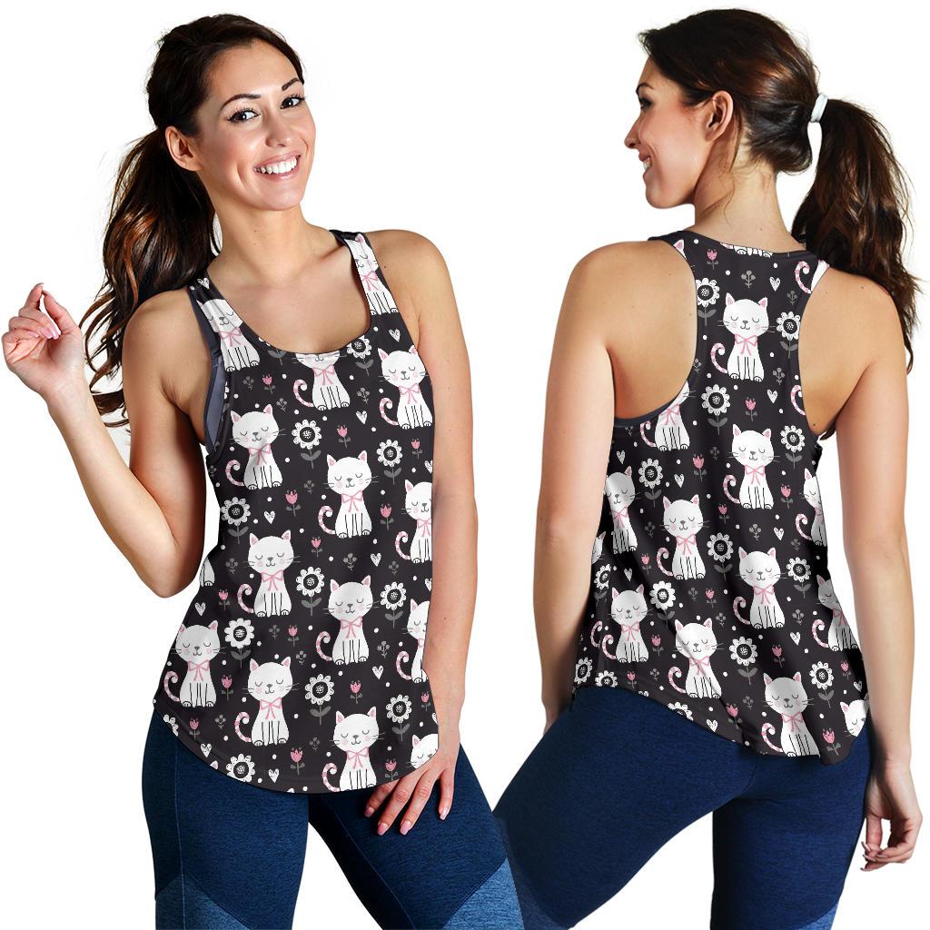 Kitten Floral Cat Pattern Print Racerback Tank Tops-grizzshop
