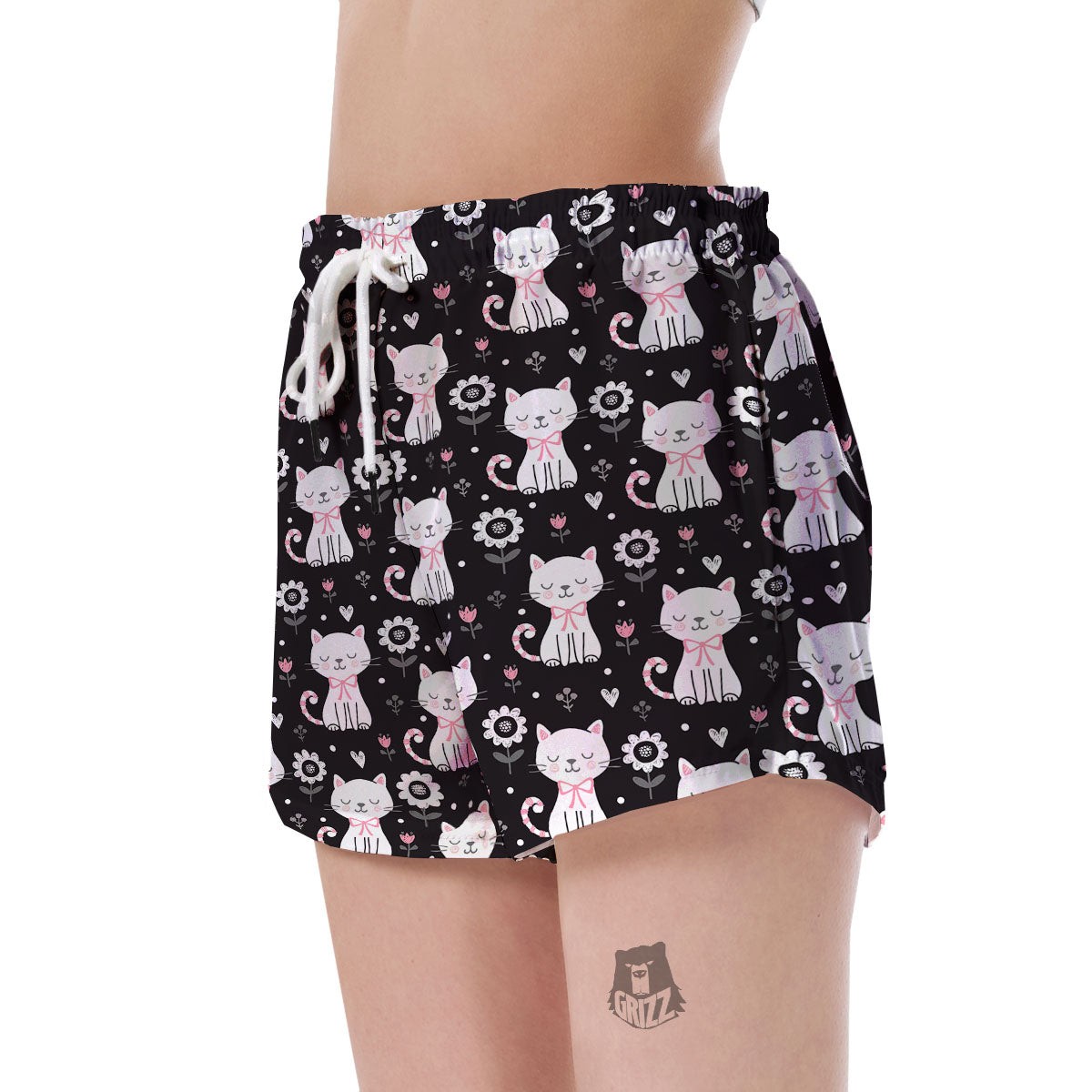 Kitten Floral Cat Pattern Print Women's Shorts-grizzshop