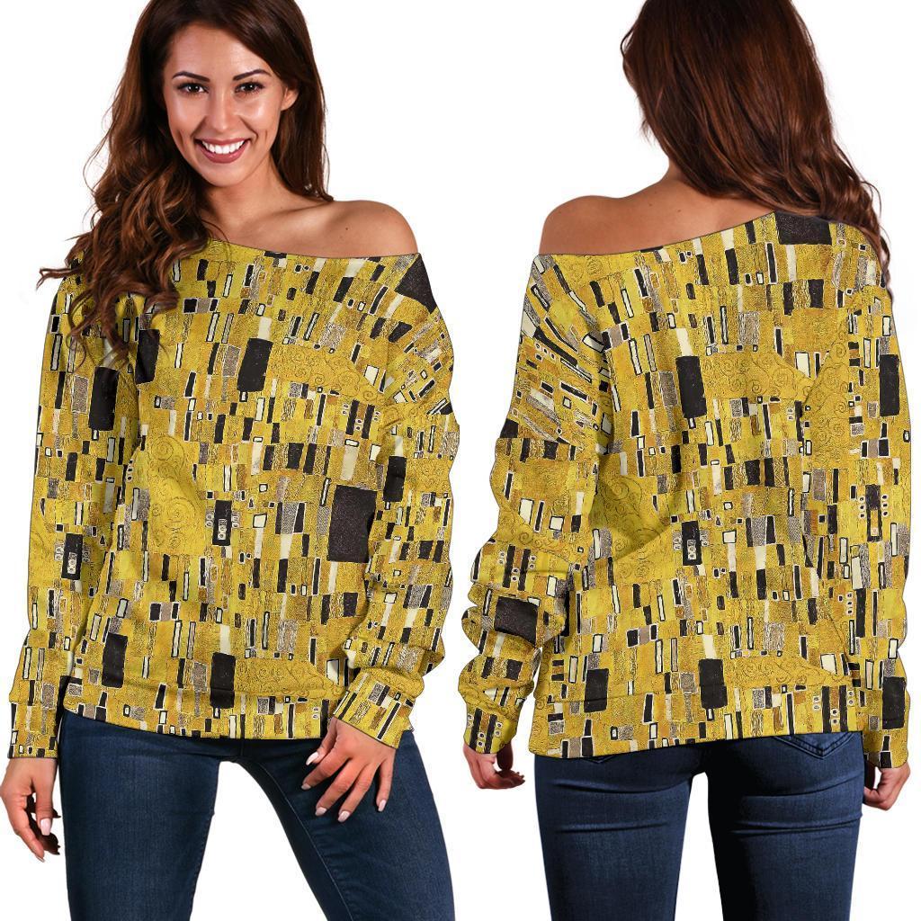Klimt Gold Print Pattern Women Off Shoulder Sweatshirt-grizzshop
