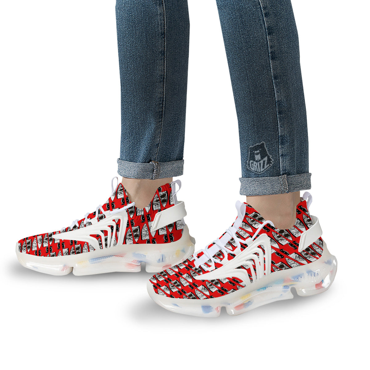 Knife And Skull Red Print Pattern White Gym Shoes-grizzshop