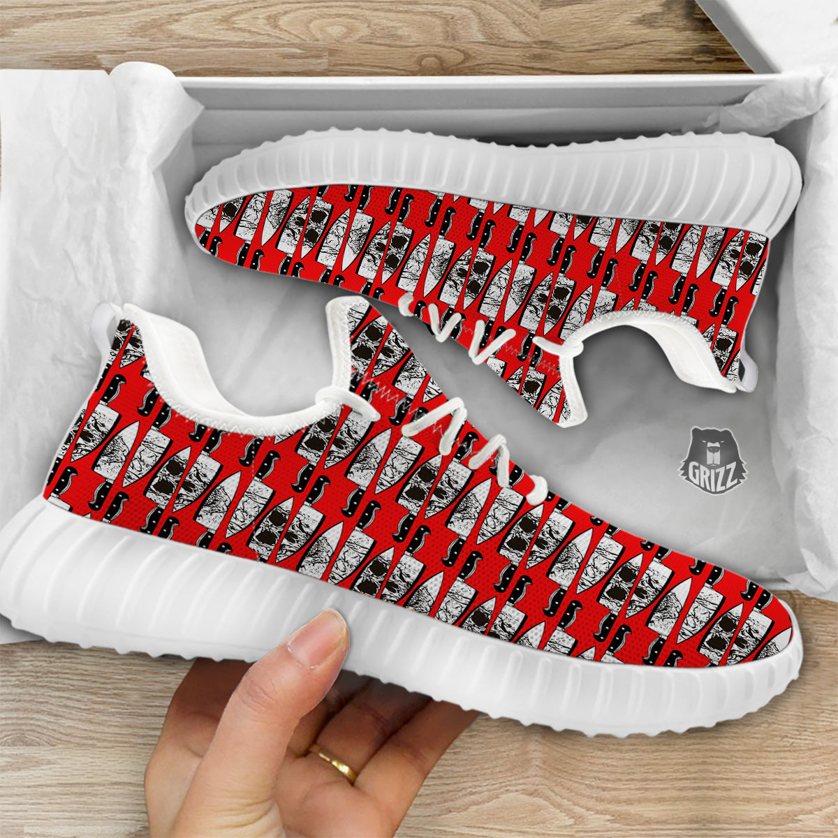 Knife And Skull Red Print Pattern White Walking Shoes-grizzshop