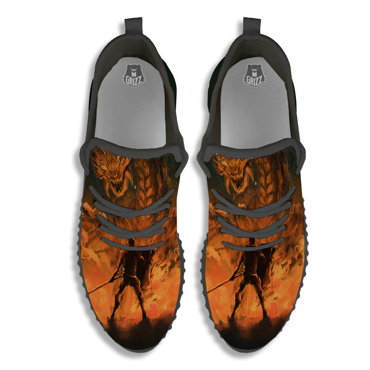 Knight Fight With Dragon Print Black Walking Shoes-grizzshop