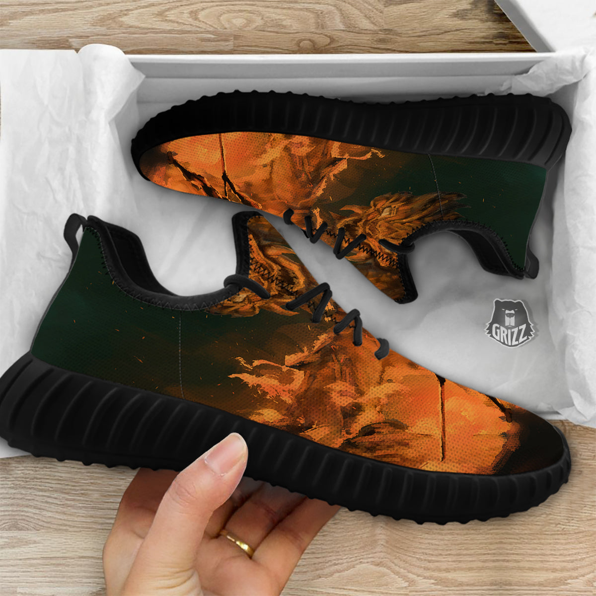 Knight Fight With Dragon Print Black Walking Shoes-grizzshop