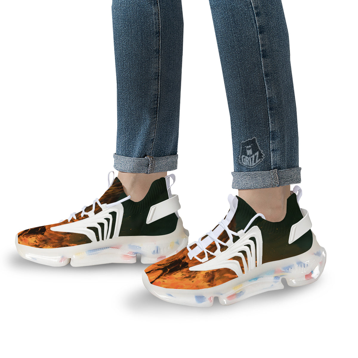 Knight Fight With Dragon Print White Gym Shoes-grizzshop