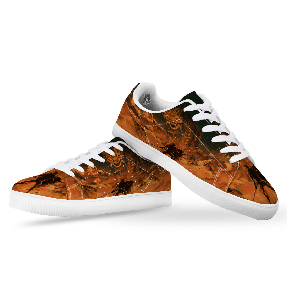 Knight Fight With Dragon Print White Low Top Sneakers-grizzshop