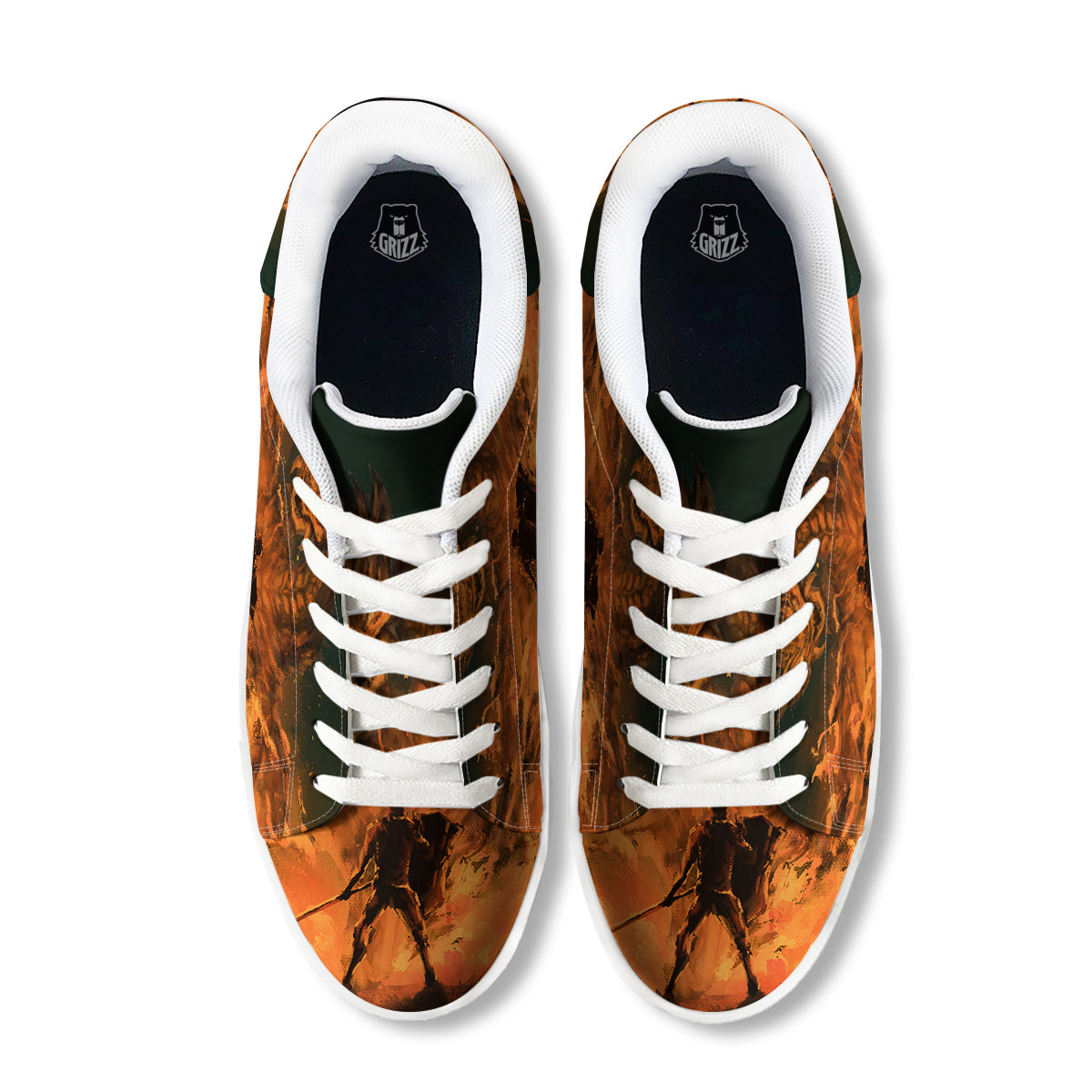 Knight Fight With Dragon Print White Low Top Sneakers-grizzshop