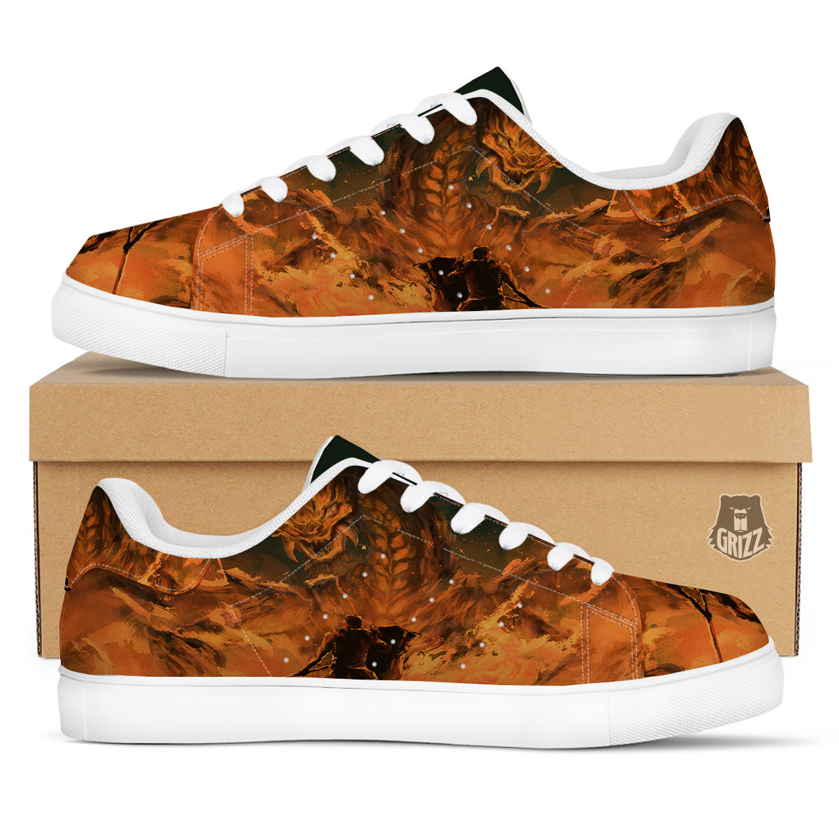 Knight Fight With Dragon Print White Low Top Sneakers-grizzshop