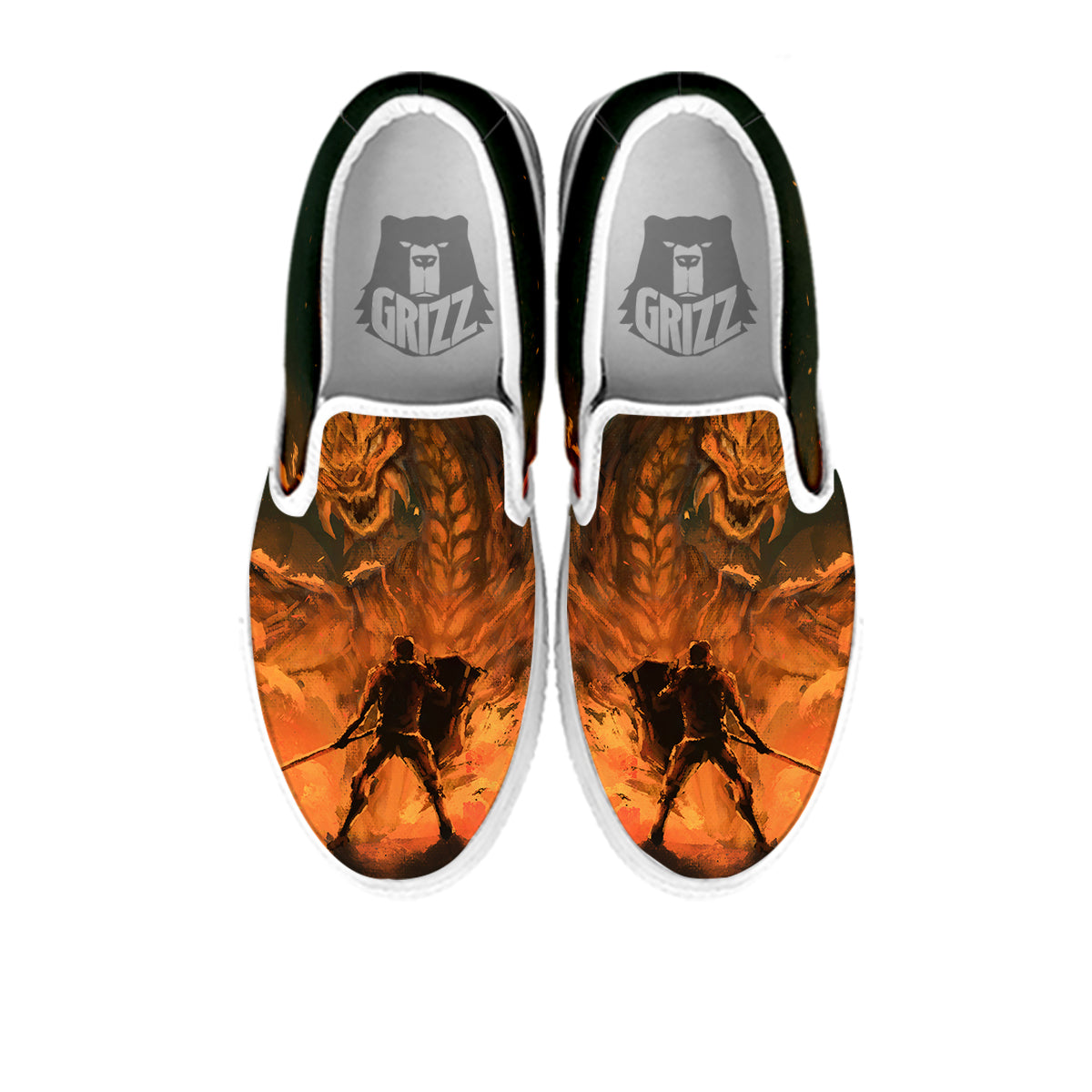 Knight Fight With Dragon Print White Slip On Shoes-grizzshop