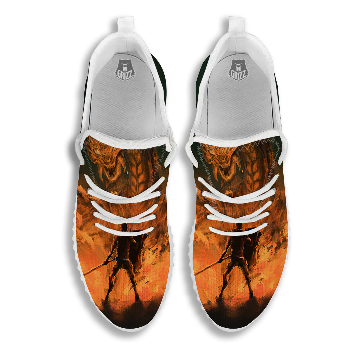 Knight Fight With Dragon Print White Walking Shoes-grizzshop