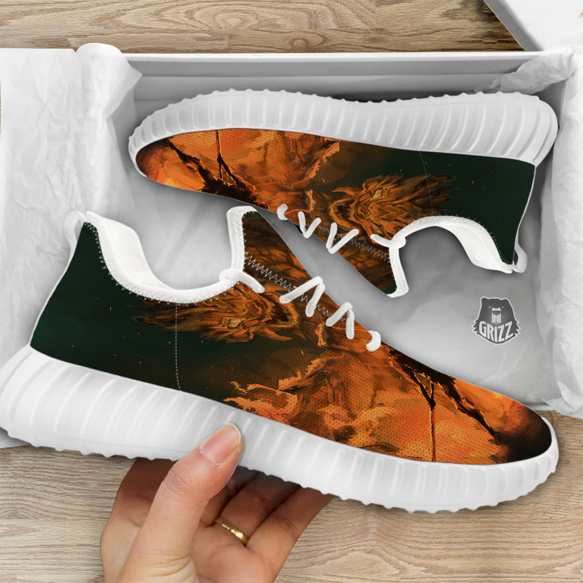 Knight Fight With Dragon Print White Walking Shoes-grizzshop
