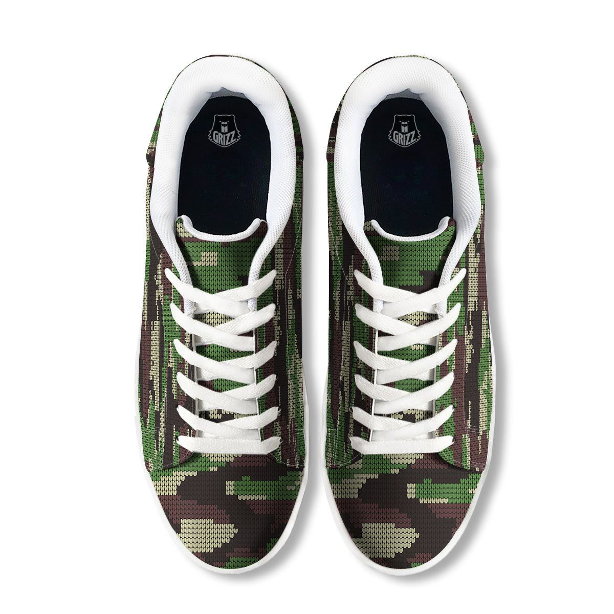 Knitted Army Camouflage Print Pattern White Low Top Sneakers-grizzshop