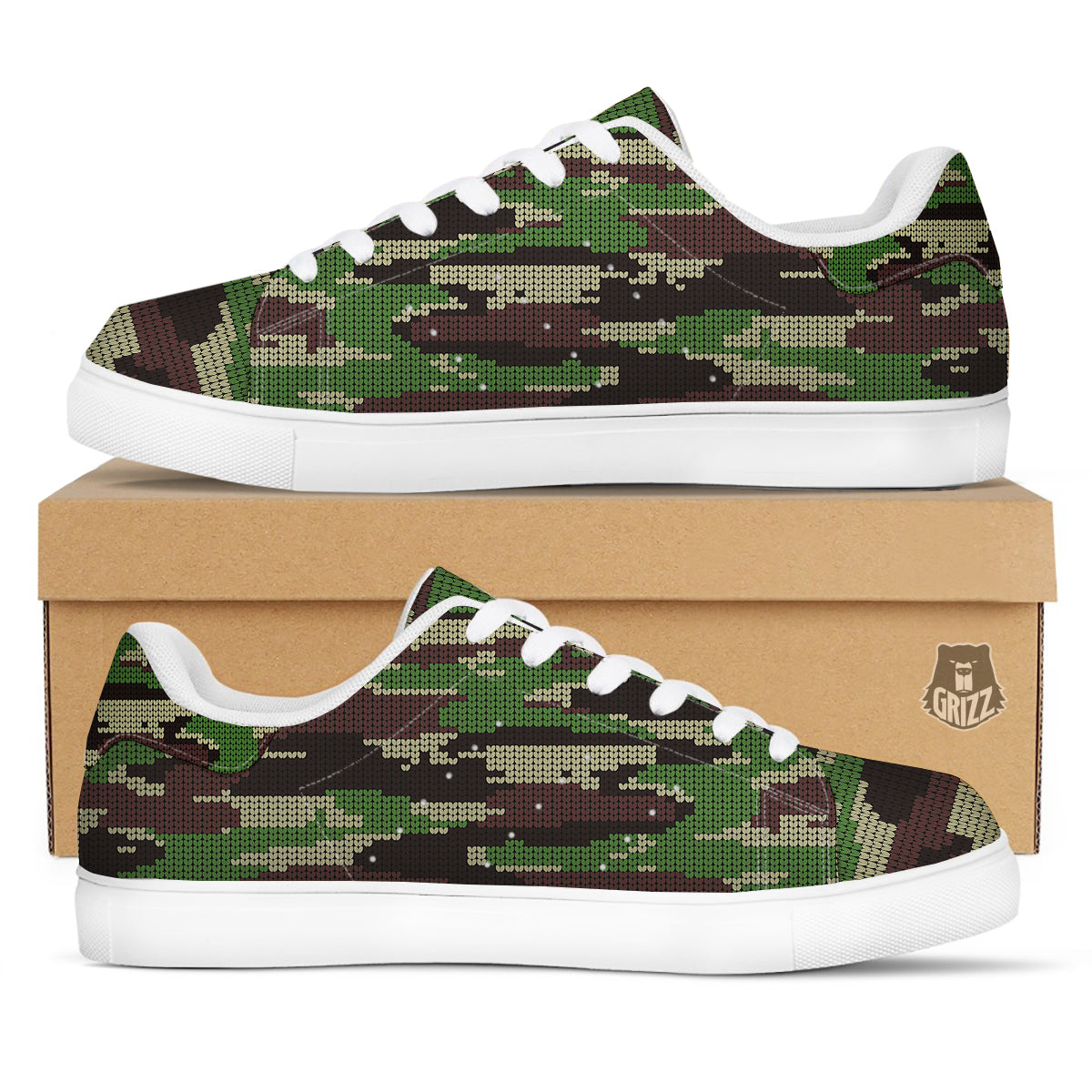 Knitted Army Camouflage Print Pattern White Low Top Sneakers-grizzshop