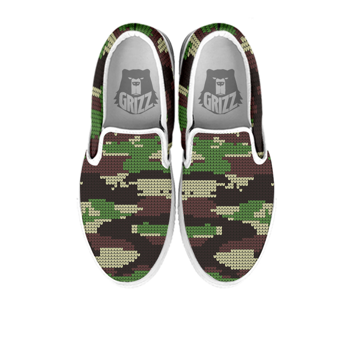 Knitted Army Camouflage Print Pattern White Slip On Shoes-grizzshop