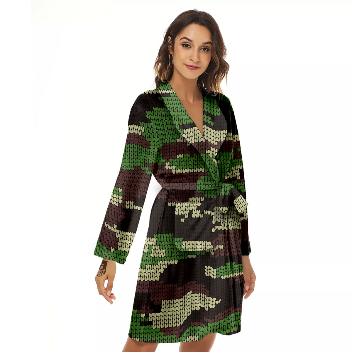 Knitted Army Camouflage Print Pattern Women's Robe-grizzshop