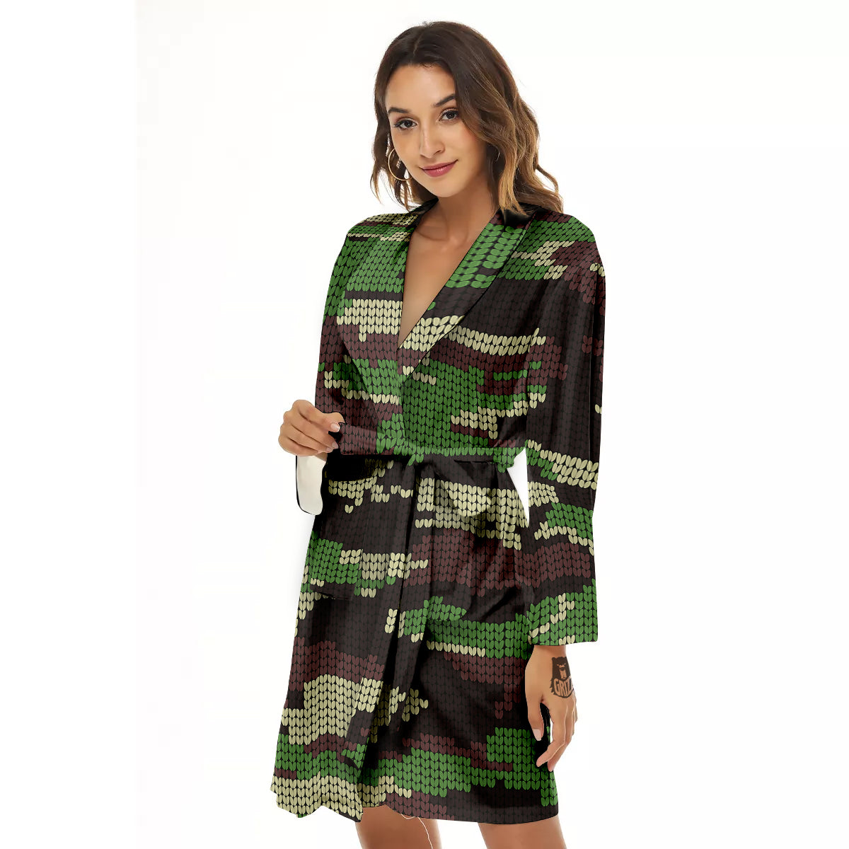 Knitted Army Camouflage Print Pattern Women's Robe-grizzshop