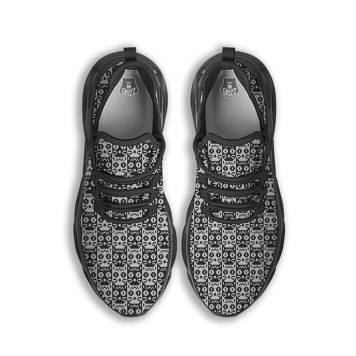 Knitted Black Cat Print Pattern Black Running Shoes-grizzshop