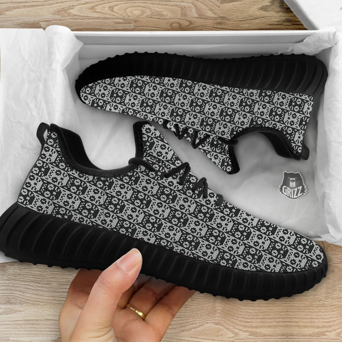 Knitted Black Cat Print Pattern Black Walking Shoes-grizzshop