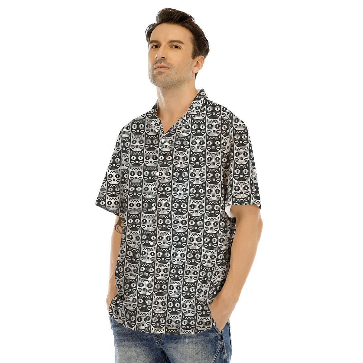 Knitted Black Cat Print Pattern Men's Hawaiian Shirt-grizzshop