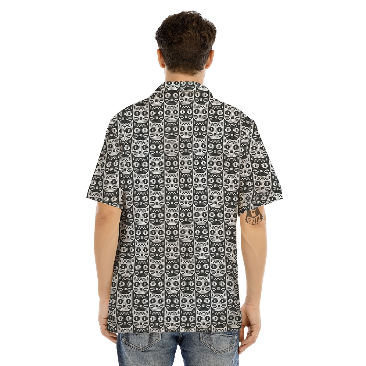 Knitted Black Cat Print Pattern Men's Hawaiian Shirt-grizzshop