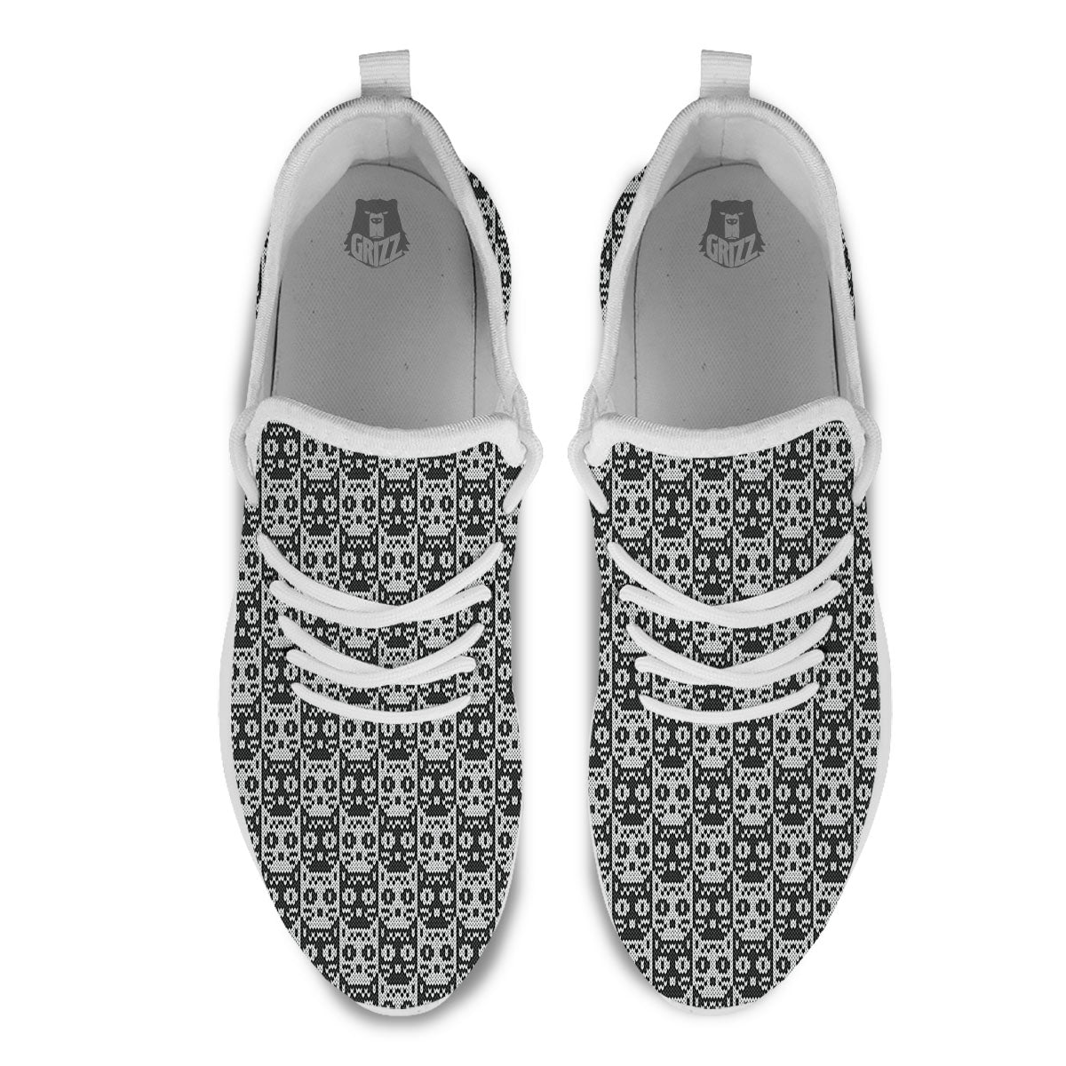 Knitted Black Cat Print Pattern White Athletic Shoes-grizzshop