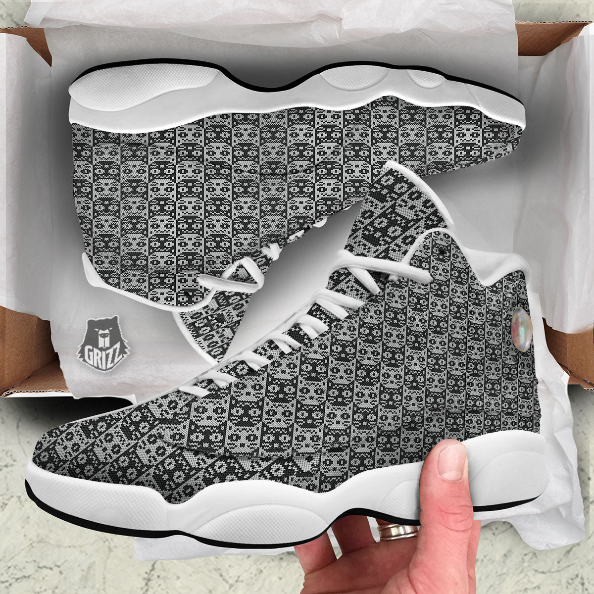 Knitted Black Cat Print Pattern White Basketball Shoes-grizzshop