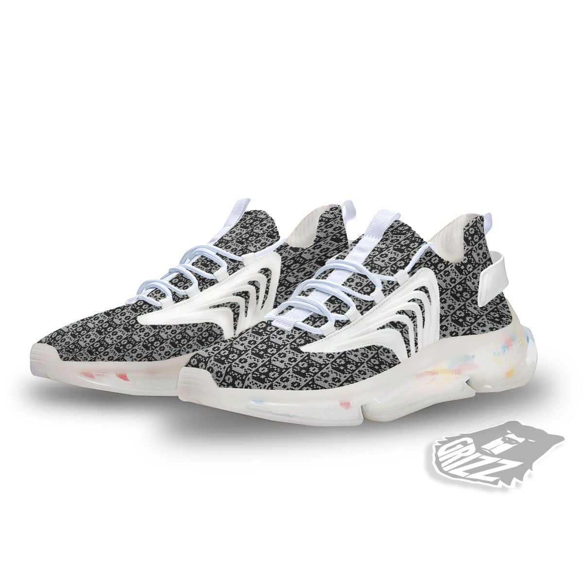 Knitted Black Cat Print Pattern White Gym Shoes-grizzshop