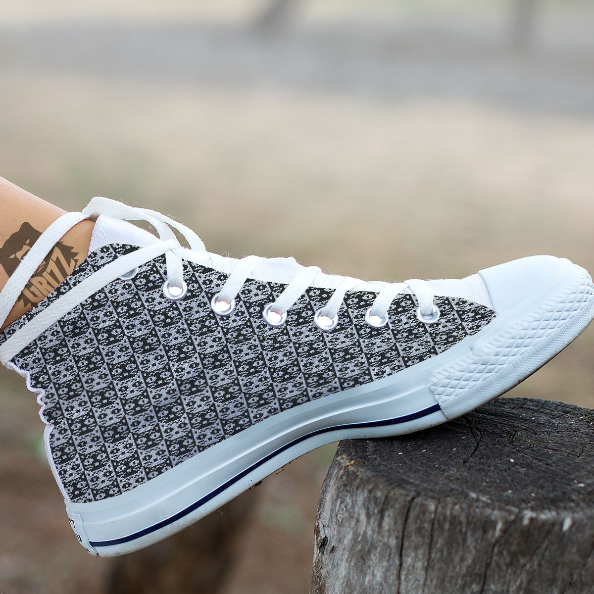 Knitted Black Cat Print Pattern White High Top Shoes-grizzshop