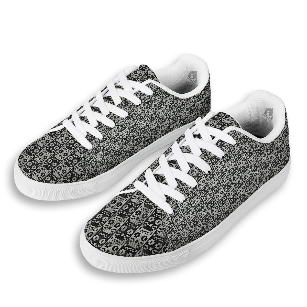 Knitted Black Cat Print Pattern White Low Top Sneakers-grizzshop