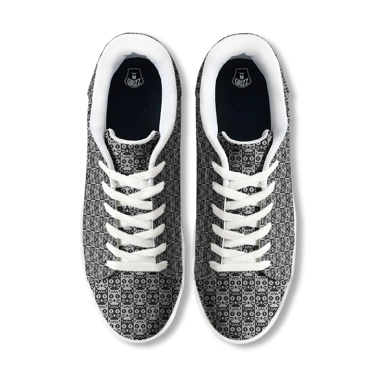 Knitted Black Cat Print Pattern White Low Top Sneakers-grizzshop