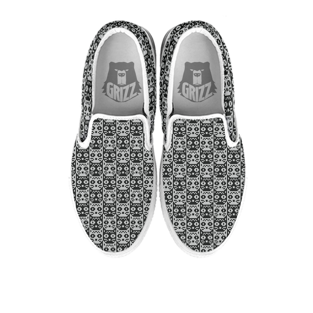 Knitted Black Cat Print Pattern White Slip On Shoes-grizzshop