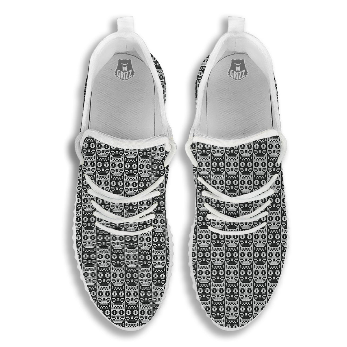 Knitted Black Cat Print Pattern White Walking Shoes-grizzshop