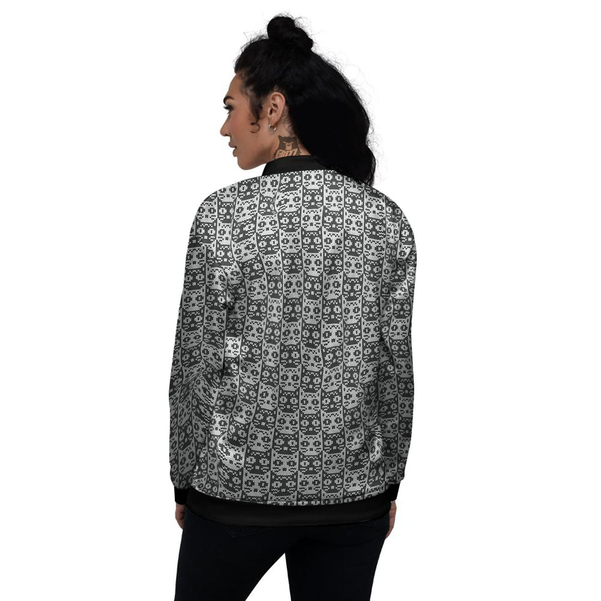 Knitted Black Cat Print Pattern Women's Bomber Jacket-grizzshop