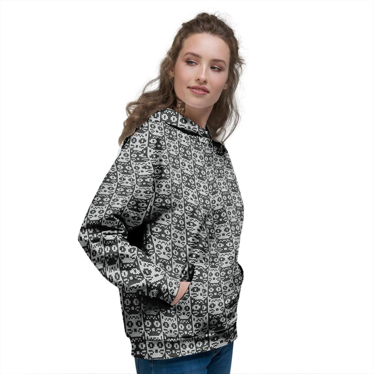 Knitted Black Cat Print Pattern Women's Hoodie-grizzshop