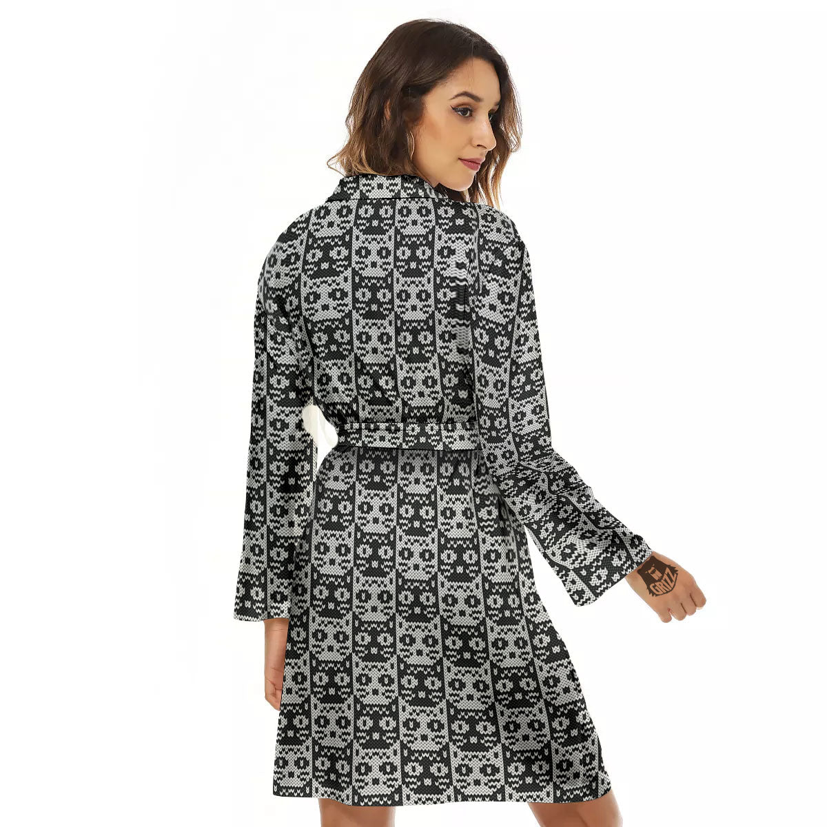 Knitted Black Cat Print Pattern Women's Robe-grizzshop